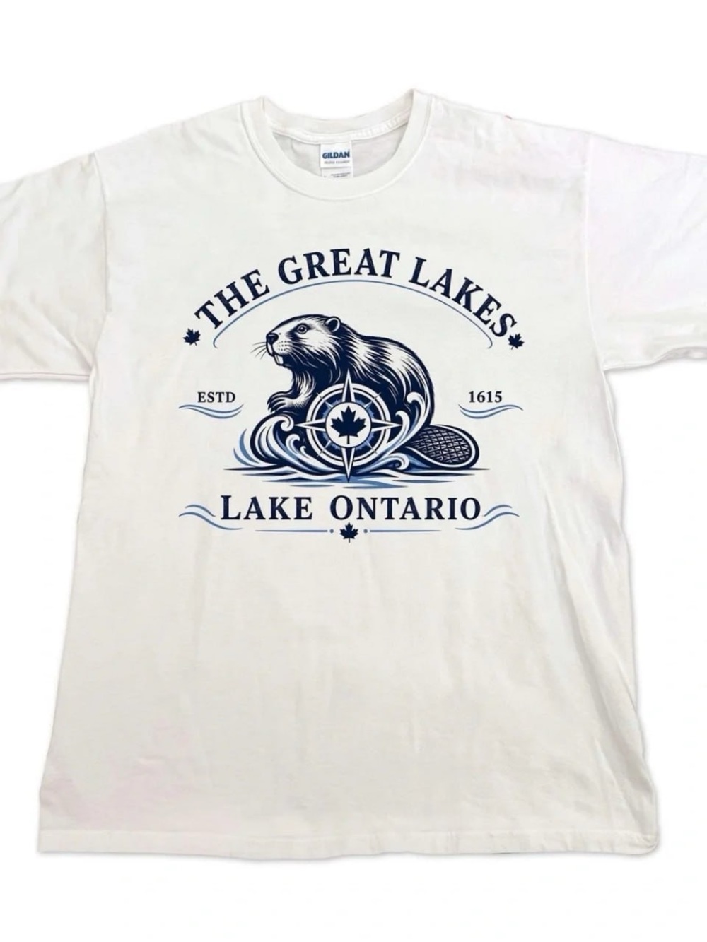 White Tee with Navy The Great Lakes - Lake Ontario Beaver Graphic
